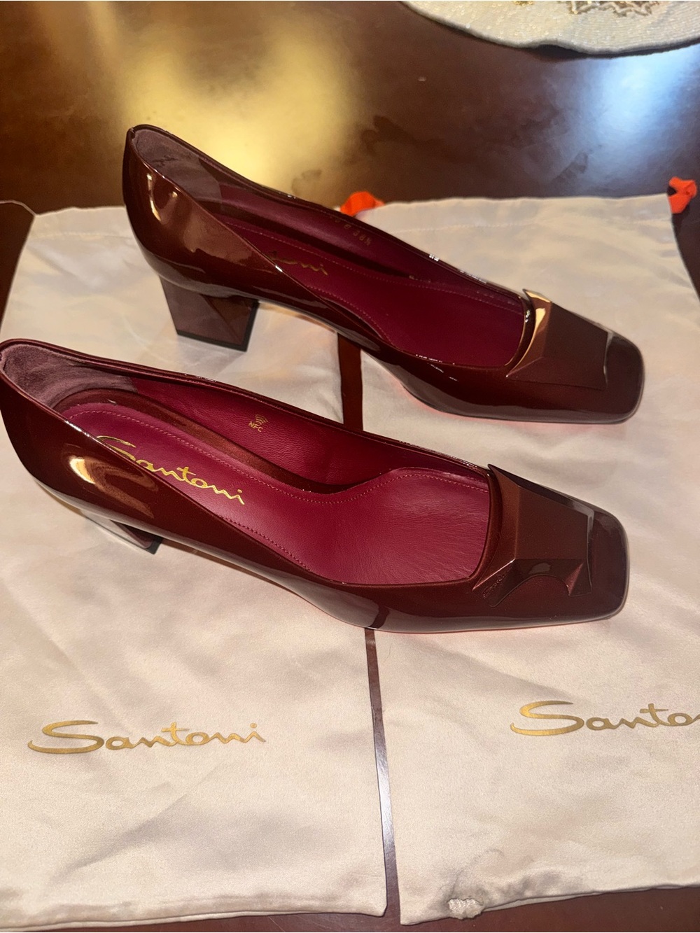 Santoni Burgundy Patent Leather Block Heel Pumps